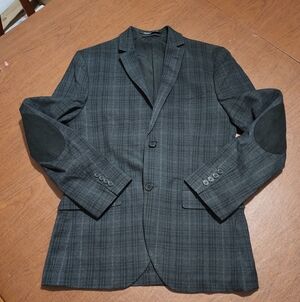 H&M Men's Black & Gray Plaid Blazer with Elbow Patches